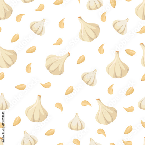Garlic seamless pattern. Flat vector clipart, illustration with isolated background.