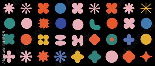 Vibrant Abstract Geometric Shapes Vector Pattern Collection. Playful Y2K-Inspired Modern Design Elements and Organic Blob Forms for Creative Projects on Black Background