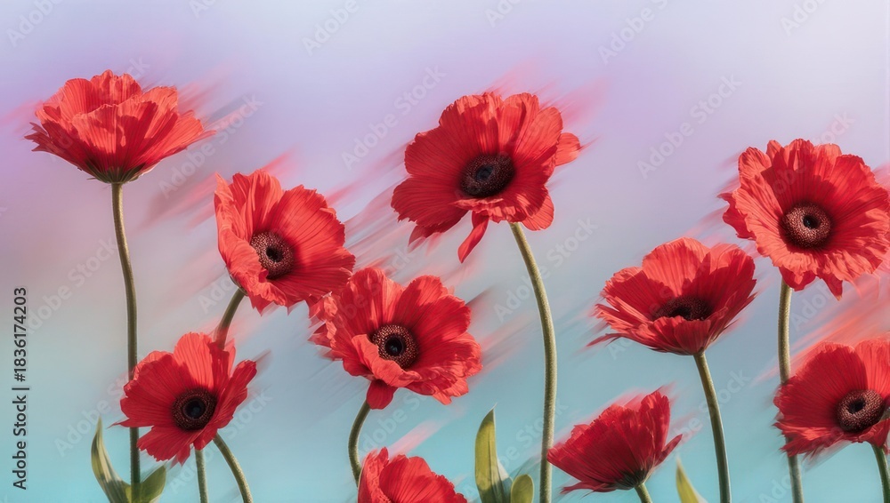 Naklejka premium Vibrant Red Poppies Against a Soft, Dreamy Background.