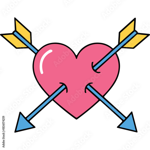 Pink Heart Symbol Pierced by Two Blue and Yellow Arrows Against a Black Background Representing Love and Affection