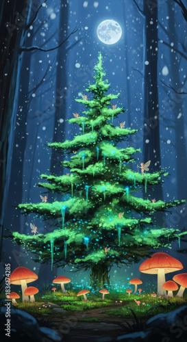 Magical winter forest scene: Glowing tree surrounded by fairies, mushrooms, and gentle snowfall under a full moon.