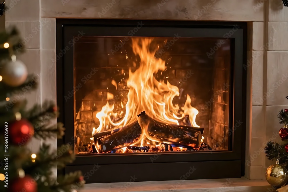 Fototapeta premium クリスマスの夜を照らす暖炉の温かい炎