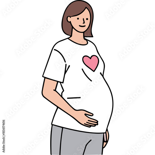 Pregnant woman in a white t-shirt with a pink heart graphic and grey pants holding her belly smiling gently against a black background expecting a baby with warmth and care detailed illustration