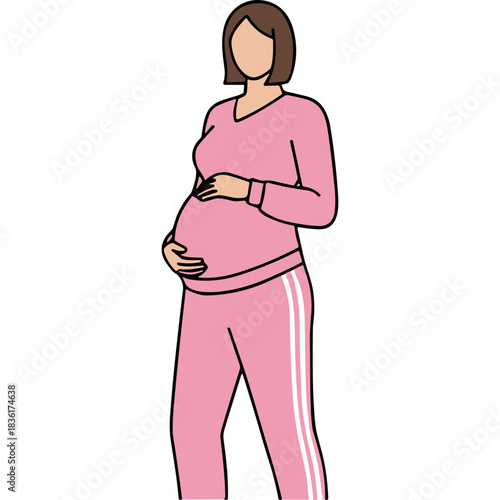 Pregnant Woman In Pink Sweat Suit Holding Her Belly With White Stripes On The Legs And Sleeves, Full Body Studio Shot Isolated On Black Background