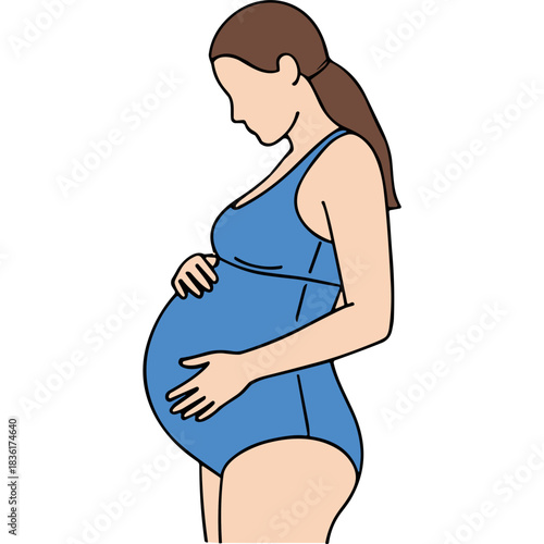 Pregnant Woman In Blue Swimsuit Caressing Her Belly With Both Hands Depicting Maternal Love And Anticipation Against A Black Background