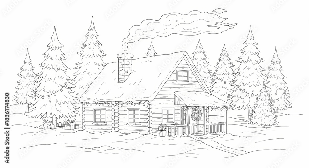 Naklejka premium Cozy cabin in winter surrounded by pine trees and snow
