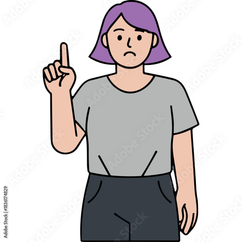 Purple Haired Woman In Gray Shirt And Dark Shorts Raises Index Finger In Disapproval Against Black Background With Sad Expression