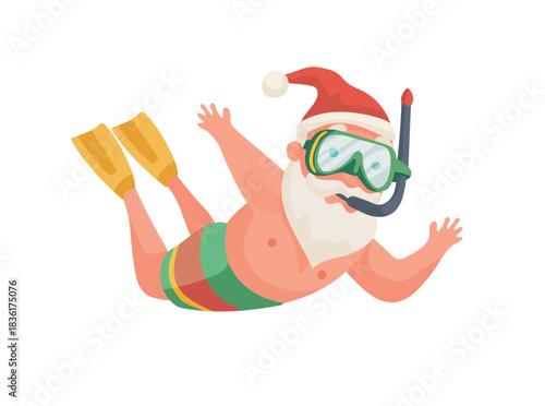 Santa Claus diving underwater with a snorkel, Hawaiian Christmas. Flat vector clipart, illustration with isolated background.