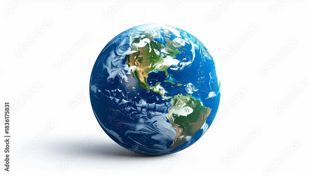 Fototapeta premium A digitally rendered Earth showing North and South America with cloud formations, oceans, and landmasses on a white background.