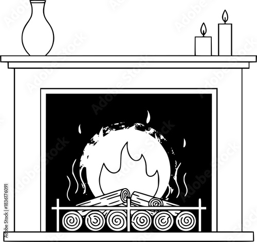 Cozy fireplace with glowing flames and curled wood for home decor or winter design
