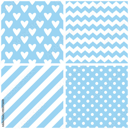 Tile sailor vector pattern with white stripes, zig zag, hearts and polka dots on pastel background