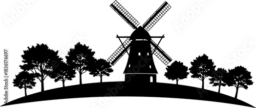 Vector art of silhouette of a windmill and trees on a hill
