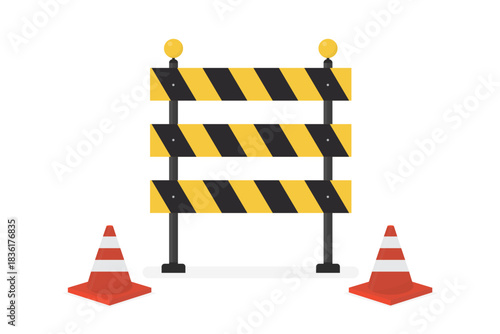 Street road sign of reparation road works with striped barrier and cones. Traffic Road barrier. Website under construction page.
