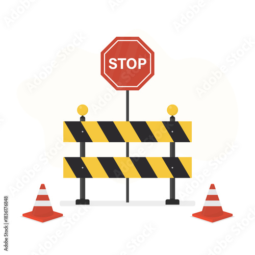 Street road sign of reparation, roadworks with striped barrier, road cones and stop sign. Website under construction page. Warning and stop sign, road work, traffic barricade.