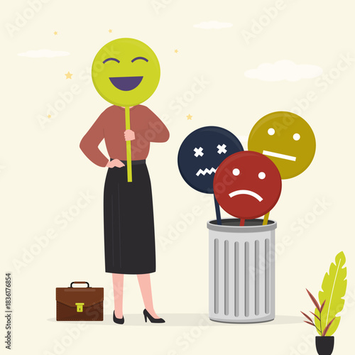 Positive thinking or good review. Businesswoman hold mask on face to express emotion, face expression, feeling, facial grimaces, editable emotion of human.