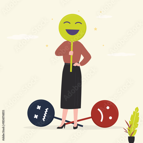 Positive thinking or good review. Businesswoman hold mask on face to express emotion, concept of face expression, feeling, facial grimaces, editable emotion of human.