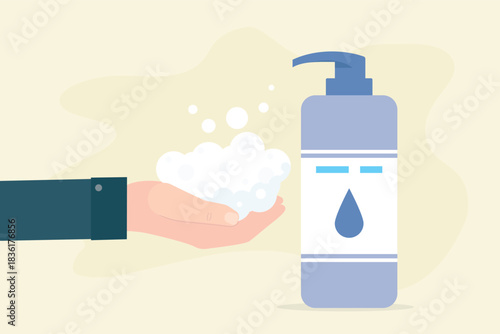 Washing hands, virus spreading prevention, daily hygiene. Hand with soap and foam, bottle with liquid soap or antiseptic.