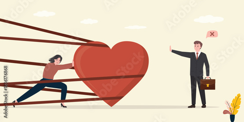 Beauty girl push passionate heart. Difficulties or struggle with love to overcome to success. Development of family relationships, disagreements and crisis in love