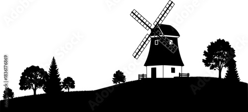 Vector art of silhouette of a windmill and trees on a hill
