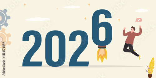 Launching successful project in 2026. Startup takes off, and happy businessman rejoices in its success. Starting new business in 2026. Time to implement business plans and develop.