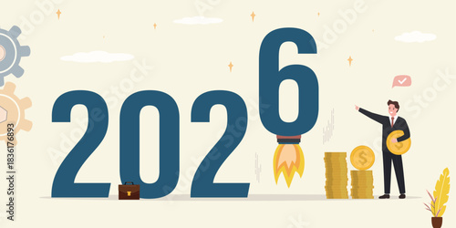 New year 2026, start up, new successful financial project, happy businessman looking how rocket flying in sky. Calendar year number 2026 with launching business rocket.