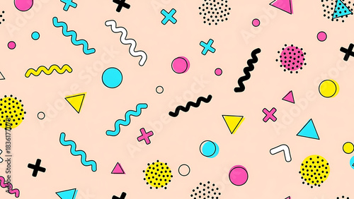 Seamless Memphis style pattern with geometric shapes and bright colors for 80s and 90s retro background
