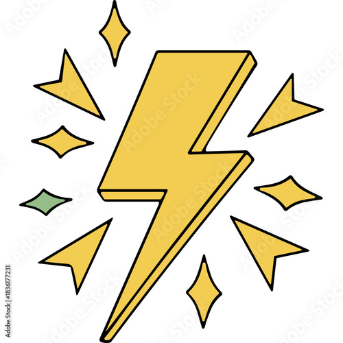 Stylized yellow lightning bolt symbol surrounded by sparkling yellow starbursts on a black background representing energy or power