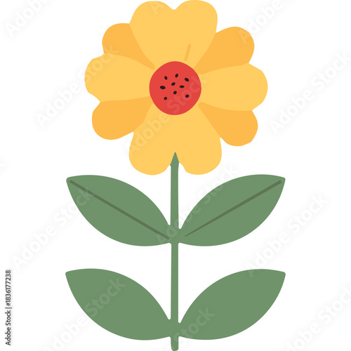 Stylized Yellow Flower With Red Center And Green Leaves On Black Background Simple Flat Illustration