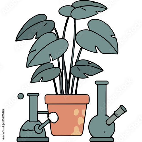 Stylized Illustration of a Potted Plant Between Two Glass Bongs on a Black Background Flat Design