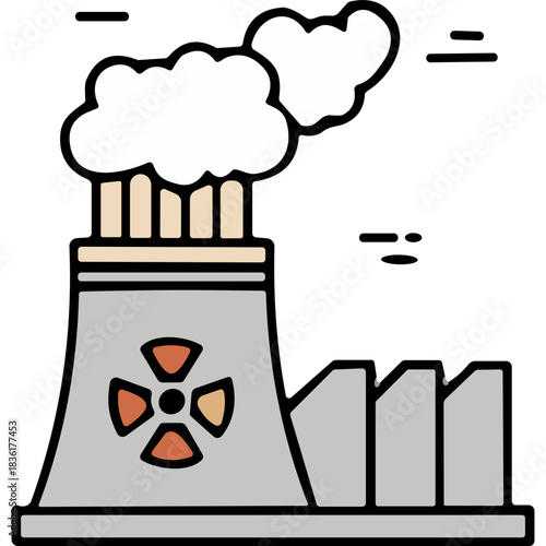 Stylized Illustration of a Nuclear Power Plant Cooling Tower Emitting White Steam Against a Black Background with Warning Symbol and Adjacent Buildings