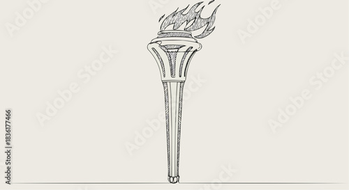 line art illustration of a torch with flame on beige background and copy space