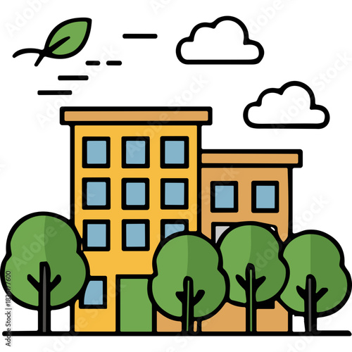 Stylized illustration of apartment buildings nestled among lush green trees under a clear sky with a single leaf blowing in the wind creating an urban oasis atmosphere.