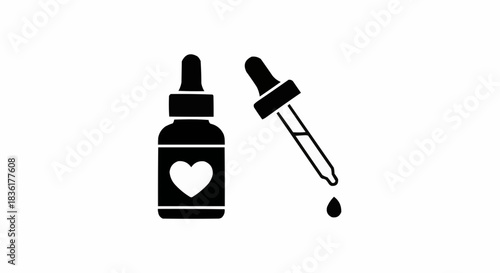 line art illustration of a dropper bottle with heart symbol on white background with copy space