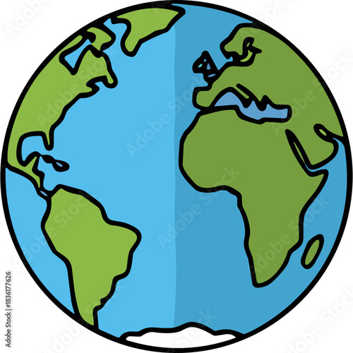 Stylized Illustration of Planet Earth Showing Continents Africa Europe Asia and Americas With Blue Oceans and Green Landmasses Against a Simple Light Blue Backdrop