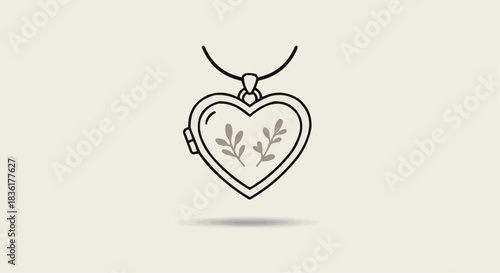 line art illustration of a heart-shaped locket with a floral design on light background with copy space