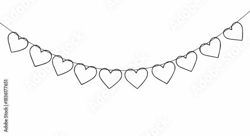line art illustration of a string of hearts on white background with copy space