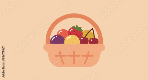 illustration of a fruit basket filled with various fruits on peach background with copy space