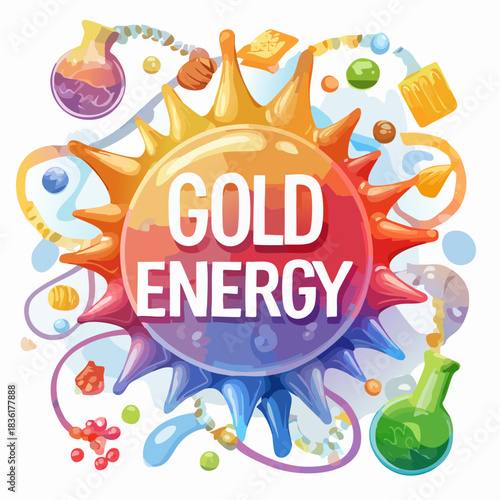 Vibrant abstract illustration of a sun-like emblem with 'GOLD ENERGY' text, surrounded by colorful liquid elements, gold nuggets, and potion flasks.