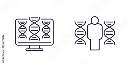 bioinformatics line icons, analysis of biological data and dna