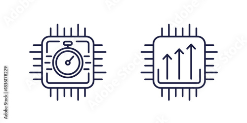 chipset performance line icons, cpu or microchip speed test vector