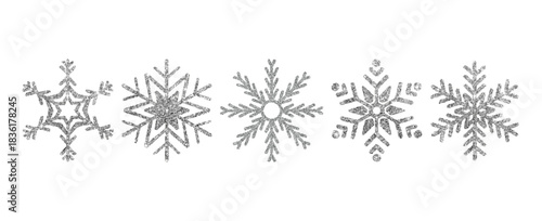 Premium Silver Glitter Snowflakes on Transparent Background Vector – Elegant Christmas Icon Trio. Refined silver glitter snowflakes perfect for winter branding, holiday invitations, elegant packaging
