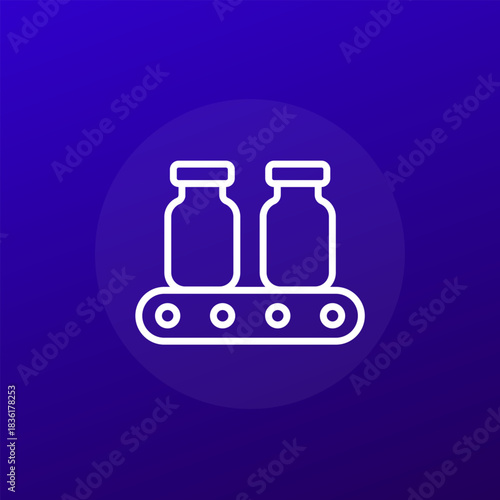 drug production icon, pharmaceutical manufacturing line vector design