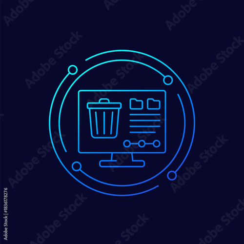 deleted files and trash bin icon with computer, linear design