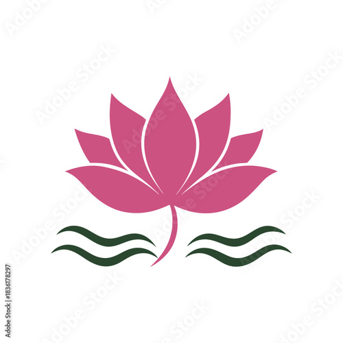 Pink lotus flower with green water waves isolated on white background Vector