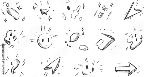 Hand drawn doodle icons and symbols with stars and motion lines sketch
