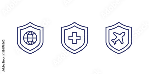 travel insurance line icons, worldwide medical coverage