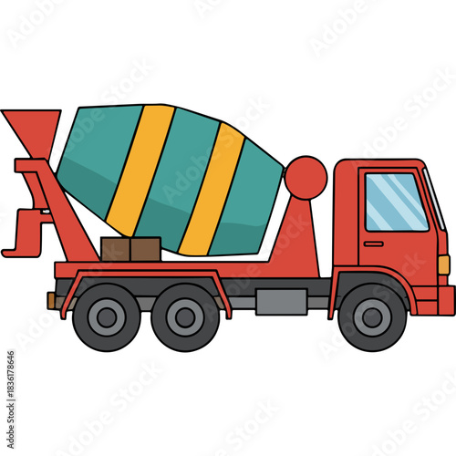 Red Cement Mixer Truck With Teal And Yellow Drum On A Black Background