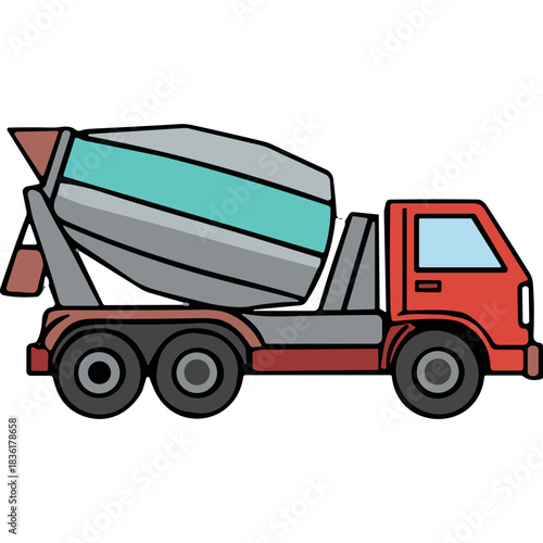 Red Cement Mixer Truck With Teal Drum and Gray Mixing Chamber on Black Background Detailed Illustration Construction Vehicle