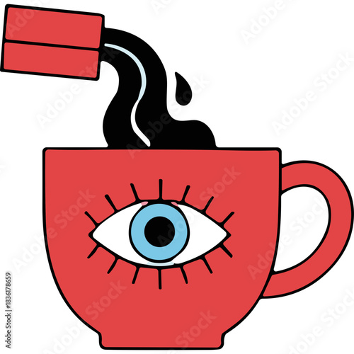 Red Ceramic Mug With an All Seeing Eye Symbol Being Filled With Dark Liquid From a Rectangular Container White Background
