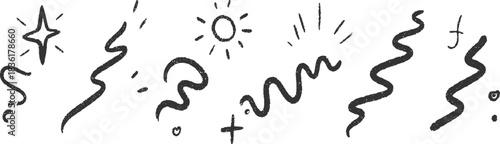 Hand drawn black scribbles and shapes including a star sun and wavy lines on white background vector